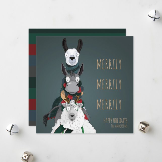 “Merrily Merrily Merrily” Festive Funny Turquoise  Holiday Card (Front/Back In Situ)