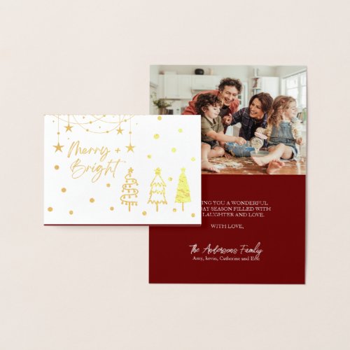 Merry 1 Photo Elegant Script Pine Trees Christmas  Foil Card