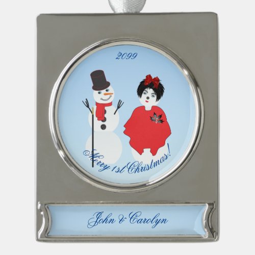 Merry 1st Christmas Couple Snowman Woman Silver Plated Banner Ornament