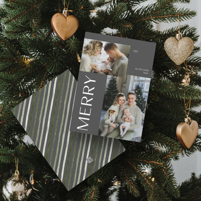 Merry 2 Photo Collage Modern Gray Christmas Holiday Card (Spread Cheer! Customize Your 'MERRY' Photo Holiday Card 📷🎄 [Upload Here])
