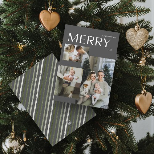 Merry 3 Photo Collage Modern Gray Christmas Holiday Card