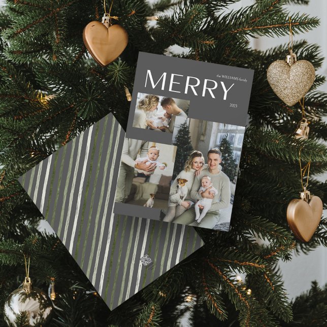 Merry 3 Photo Collage Modern Gray Christmas Holiday Card (Spread Cheer! Customize Your 'MERRY' Photo Holiday Card 📷🎄 [Upload Here])