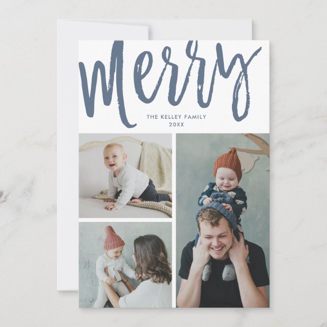 Merry, 3 Photo, Text/Photo on Back, Blue Holiday Card (Front)