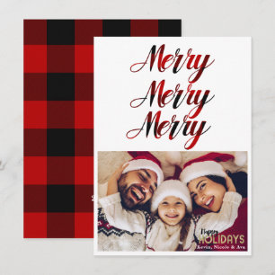 MERRY 3 Red Buffalo Plaid Holiday Photo Card