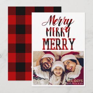 MERRY 3 Red Plaid Typography Holiday Photo Card