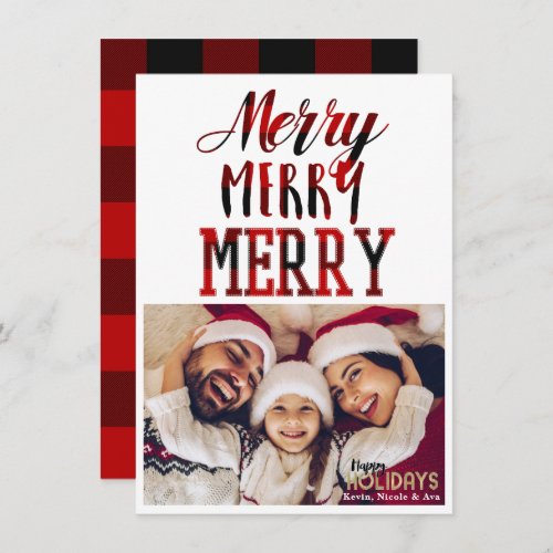 MERRY 3 Red Plaid Typography Holiday Photo Card