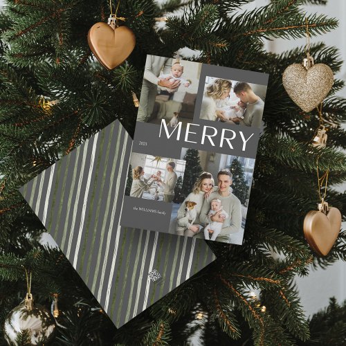 Merry 4 Photo Collage Modern Gray Christmas Holiday Card