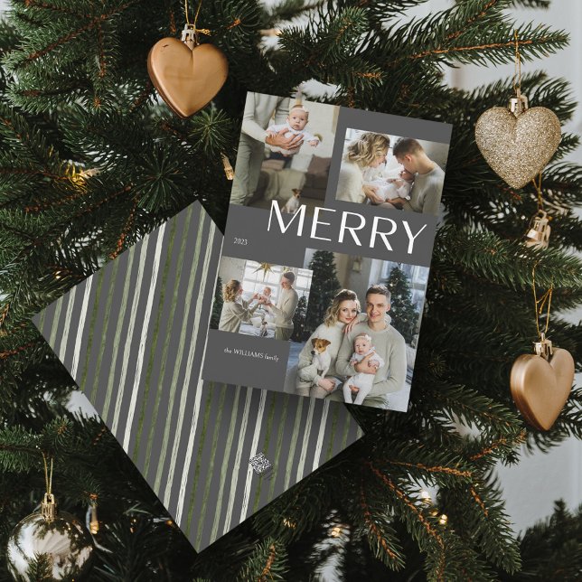 Merry 4 Photo Collage Modern Gray Christmas Holiday Card (Spread Cheer! Customize Your 'MERRY' Photo Holiday Card 📷🎄 [Upload Here])