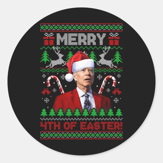 Merry 4th Of Easter Fun Joe Biden Christmas Ugly 2 Classic Round Sticker (Front)