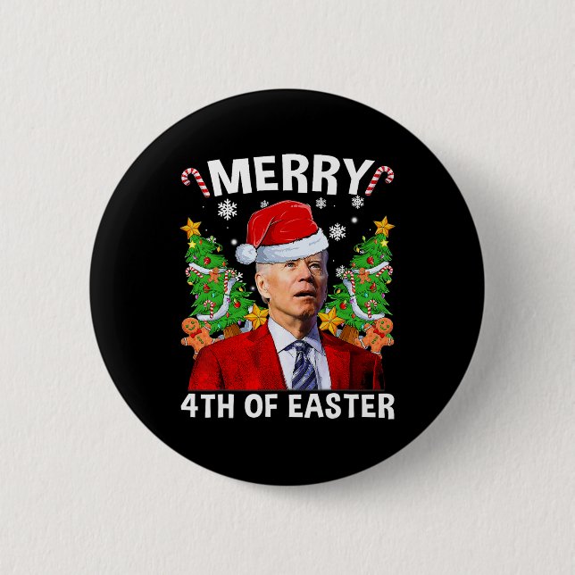 Merry 4th Of Easter Funny Biden Ugly Christmas Swe Button (Front)