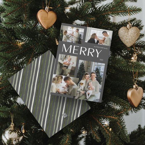 Merry 5 Photo Collage Modern Gray Christmas Holiday Card