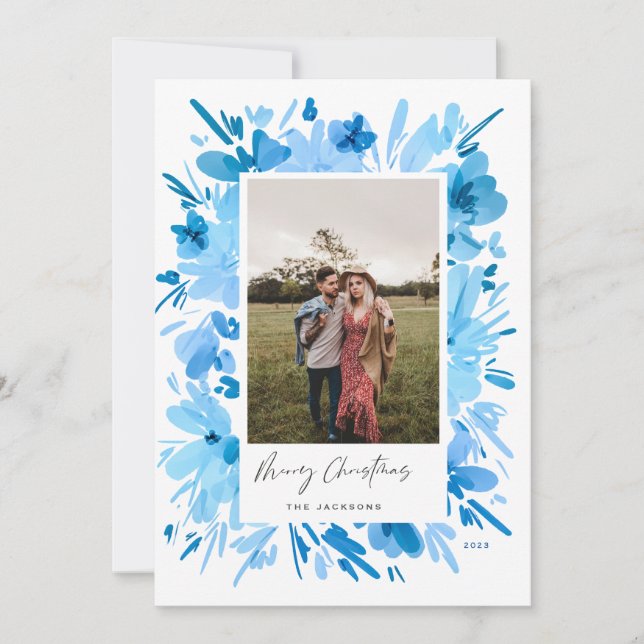 Merry abstract blue floral Christmas design Holiday Card (Front)