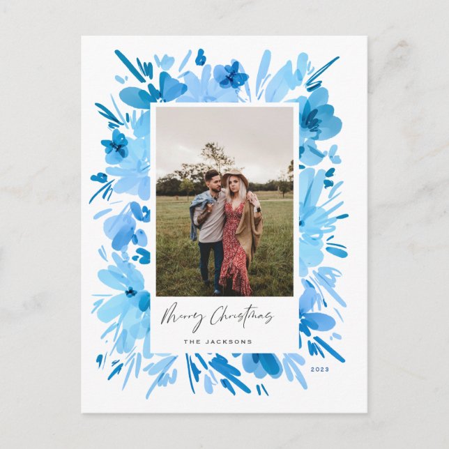 Merry abstract blue floral Christmas design Holiday Postcard (Front)
