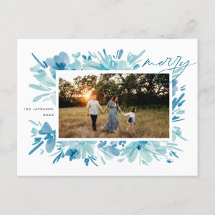 Merry Abstract blue Flower Christmas Holiday Postcard