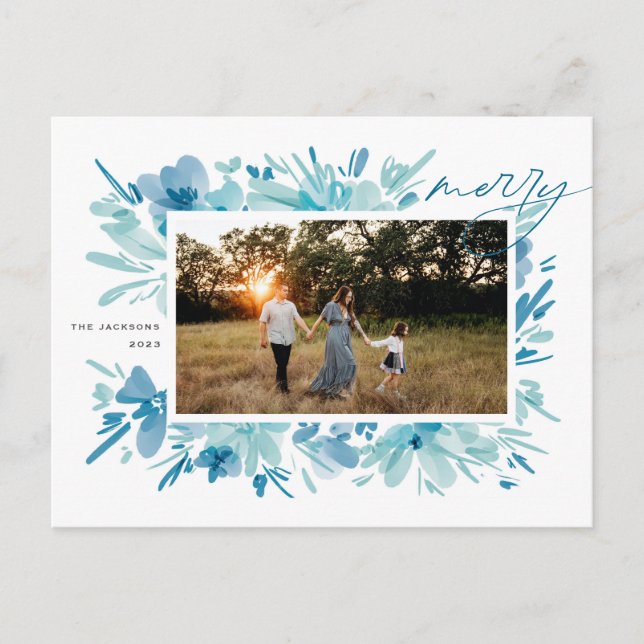 Merry Abstract blue Flower Christmas Holiday Postcard (Front)