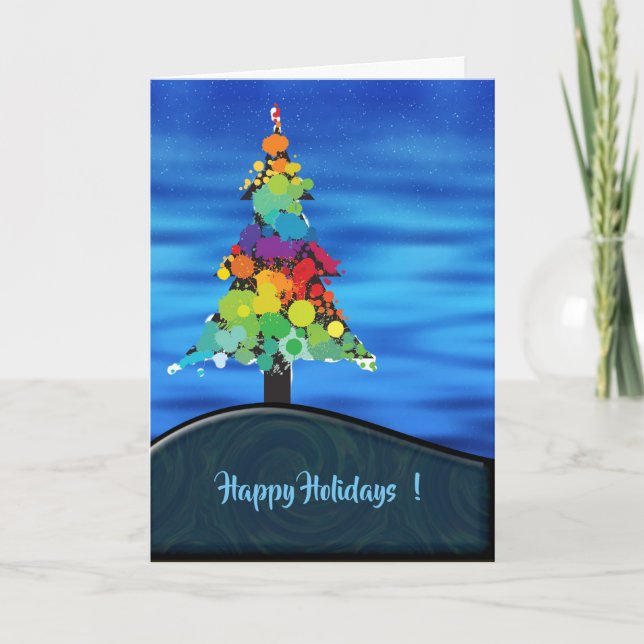 Merry Abstract Paint Splash Xmas Tree Holiday Card (Front)