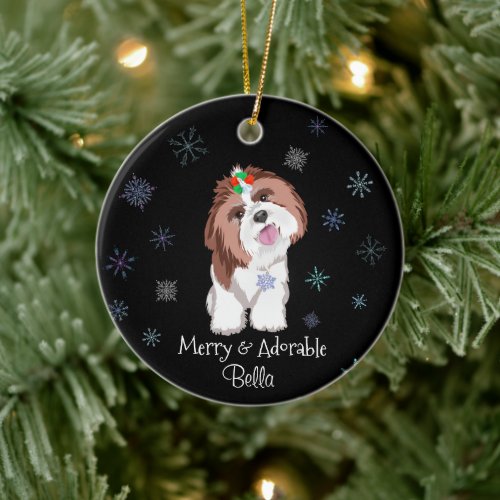 Merry  Adorable Shih Tzu With Snowflake Dog Name  Ceramic Ornament