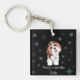 Merry & Adorable Shih Tzu With Snowflake Dog Name Keychain