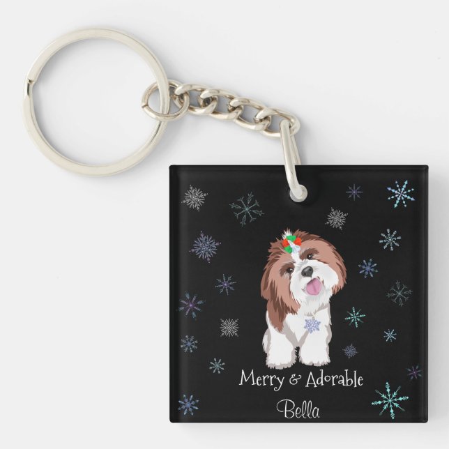 Merry & Adorable Shih Tzu With Snowflake Dog Name Keychain (Front)