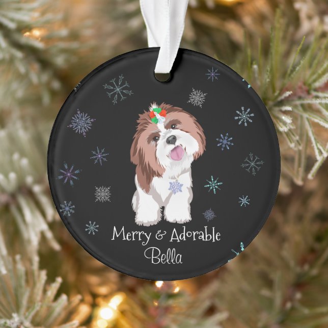 Merry & Adorable Shih Tzu With Snowflake Dog Name  Ornament (Tree)