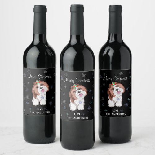 Merry  Adorable Shih Tzu With Snowflake Dog Wine Label