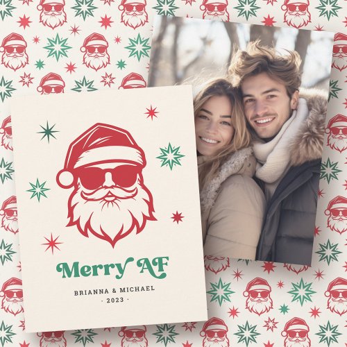 Merry AF cool Santa in sunglasses retro stars Holiday Card