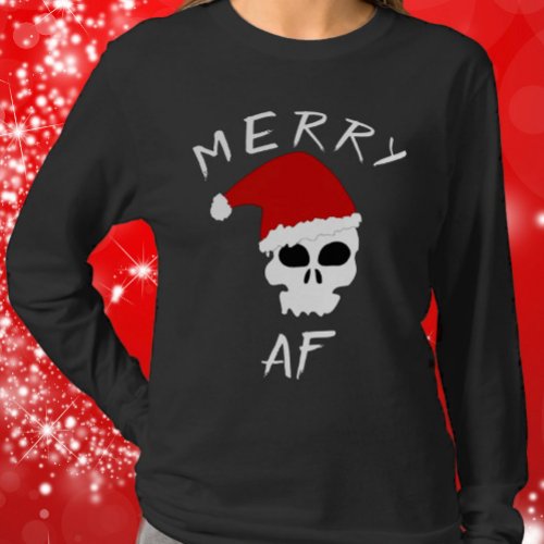 Merry AF Funny Christmas Santa Skull Dark Humor T_Shirt