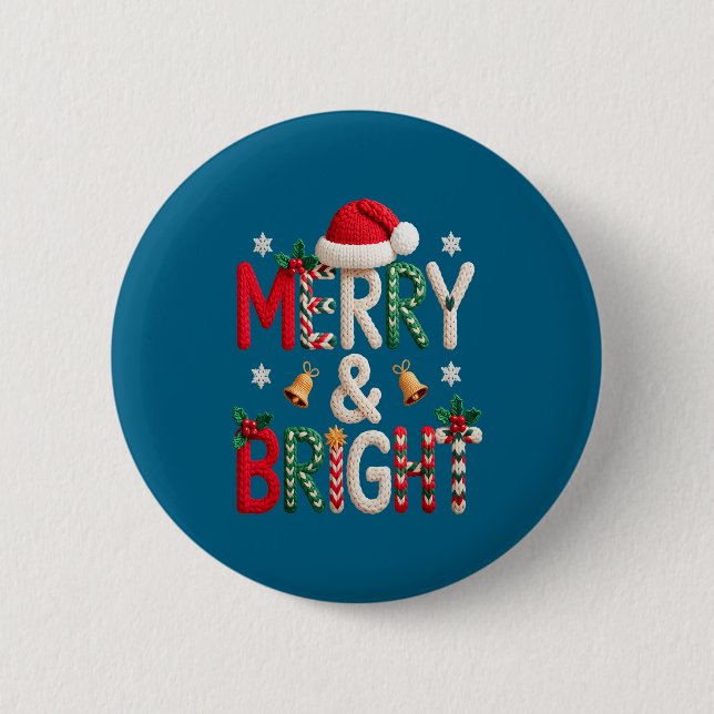 Merry &amp; Bright Christmas Santa Hat Crochet Kni Button (Front)