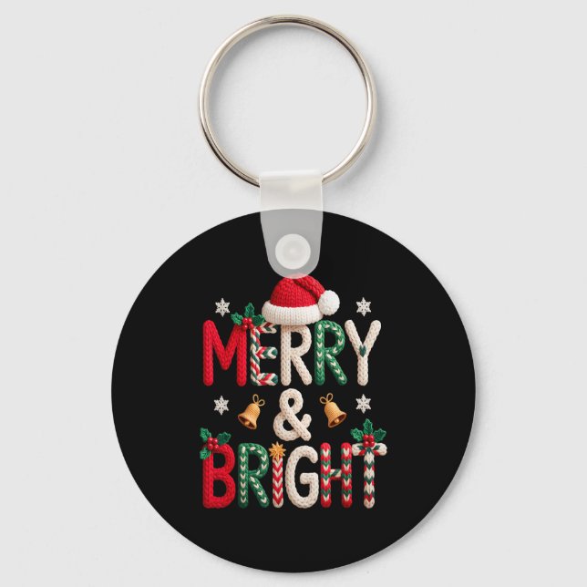 Merry &amp; Bright Christmas Santa Hat Crochet Kni Keychain (Front)