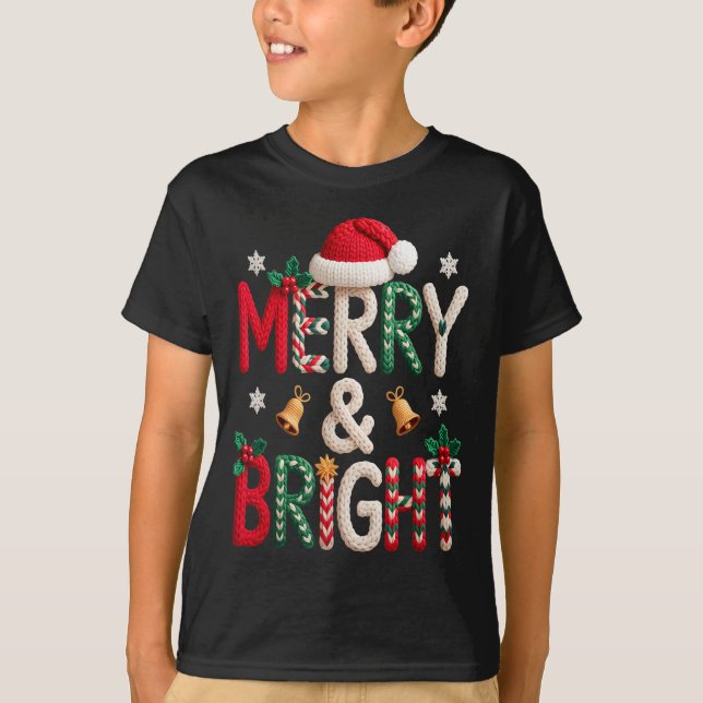Merry &amp; Bright Christmas Santa Hat Crochet Kni T-Shirt (Front)