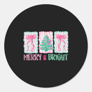 Merry & Bright Coquette Preppy Bow Xmas Tree W Classic Round Sticker
