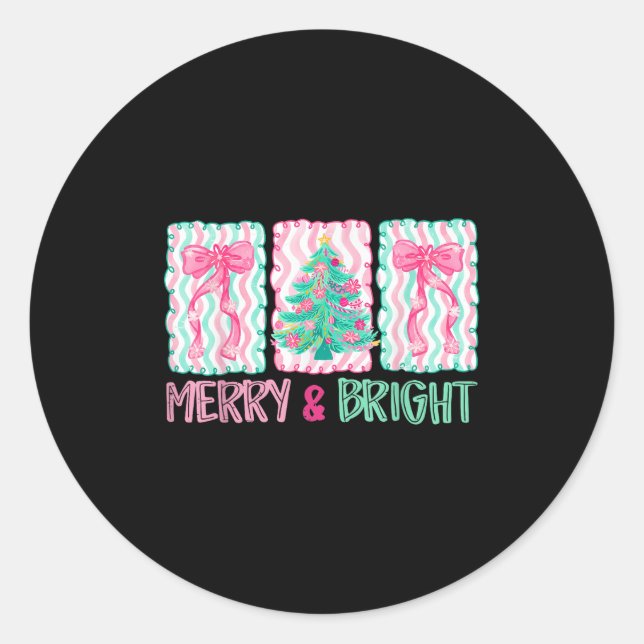 Merry &amp; Bright Coquette Preppy Bow Xmas Tree W Classic Round Sticker (Front)