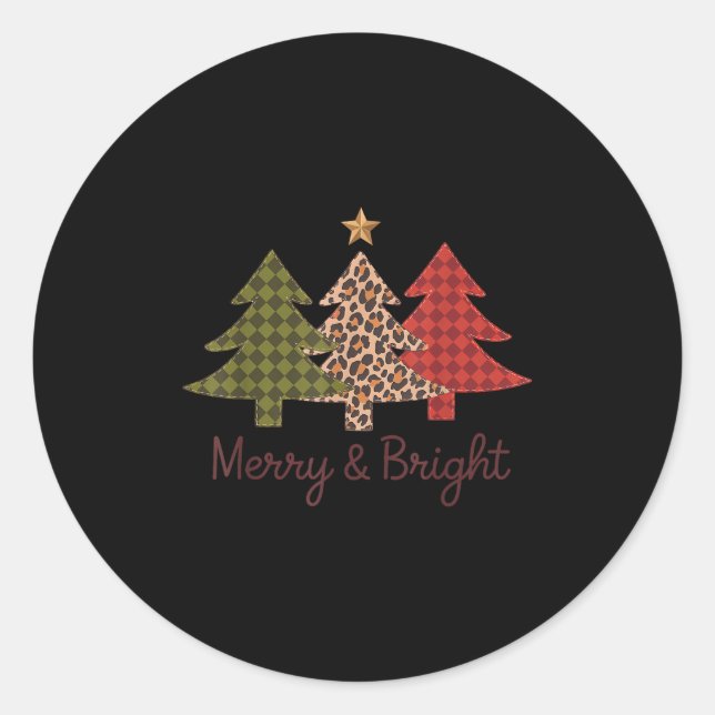 Merry &amp; Bright Plaid Leopard Christmas Tree Xm Classic Round Sticker (Front)