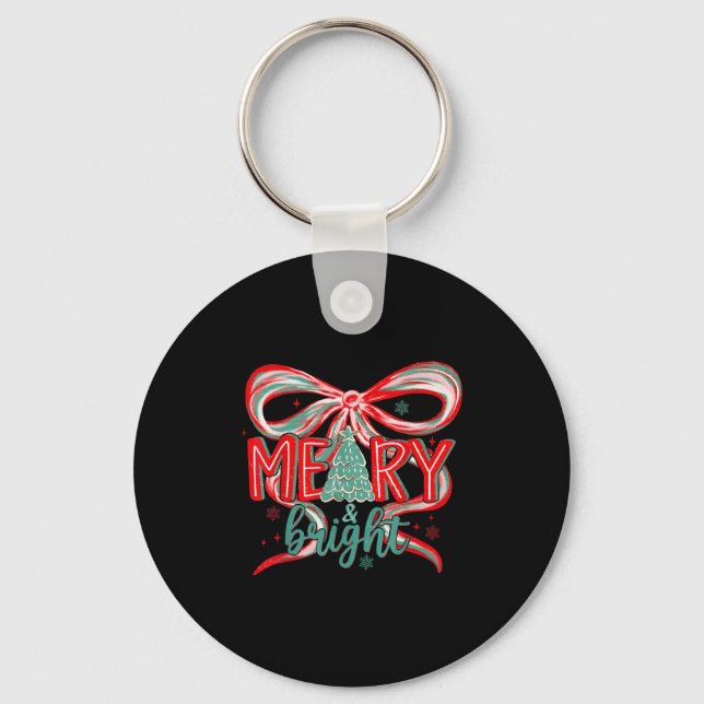 Merry &amp; Bright Tree Coquette Bow Retro Holiday Keychain (Front)