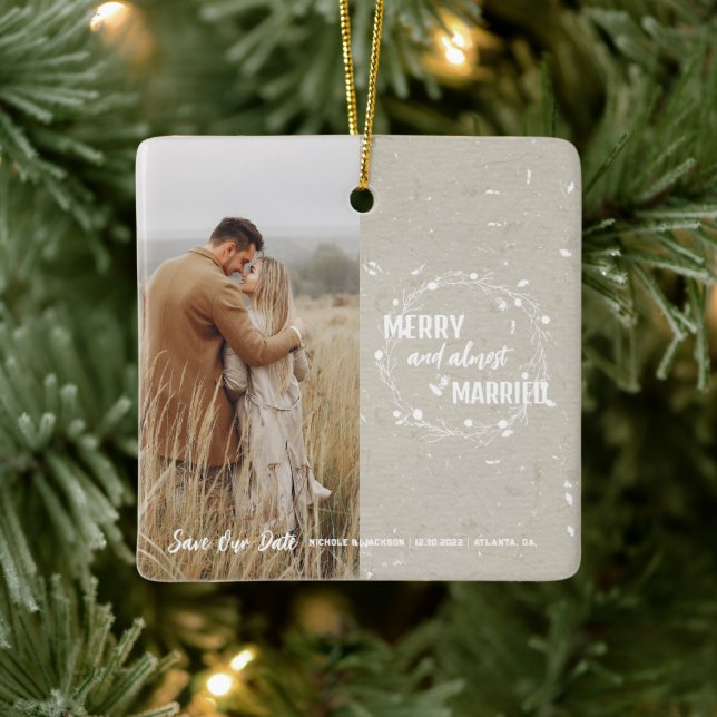 Merry and Almost Married Save The Date Keepsake Ceramic Ornament (Tree)