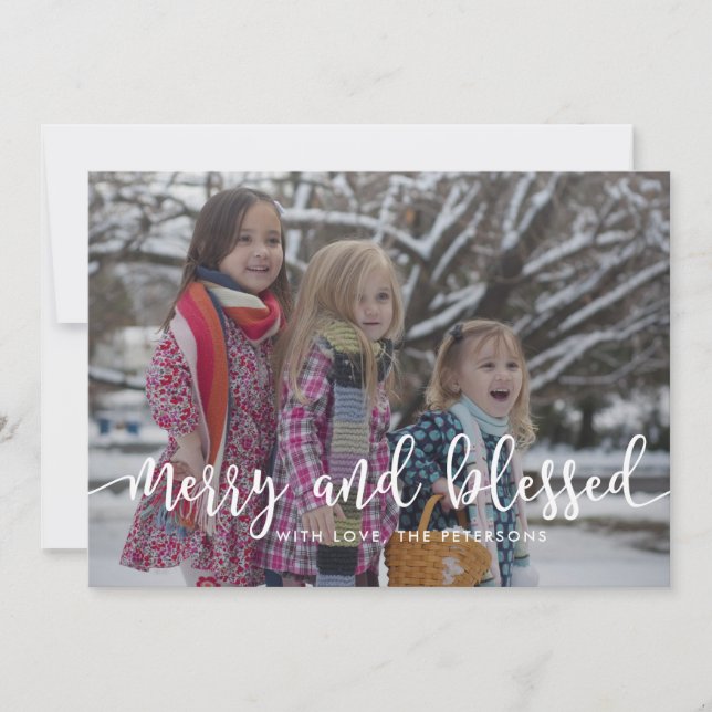 Merry and Blessed White Script Overlay Religious Holiday Card (Front)
