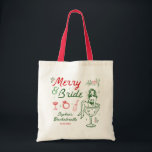 Merry And Bride Christmas Bachelorette Tote Bag<br><div class="desc">These tote bags make a great favor gift for all your bachelorettes! The perfect bag to bring along for your girls weekend! If you’re planning a festive holiday bachelorette party, this Merry & Bride Christmas bachelorette collection is the perfect way to celebrate in style! Featuring playful hand-drawn illustrations of champagne...</div>
