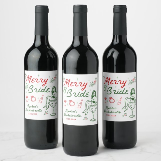Merry And Bride Christmas Bachelorette Wine Labels (Bottles)