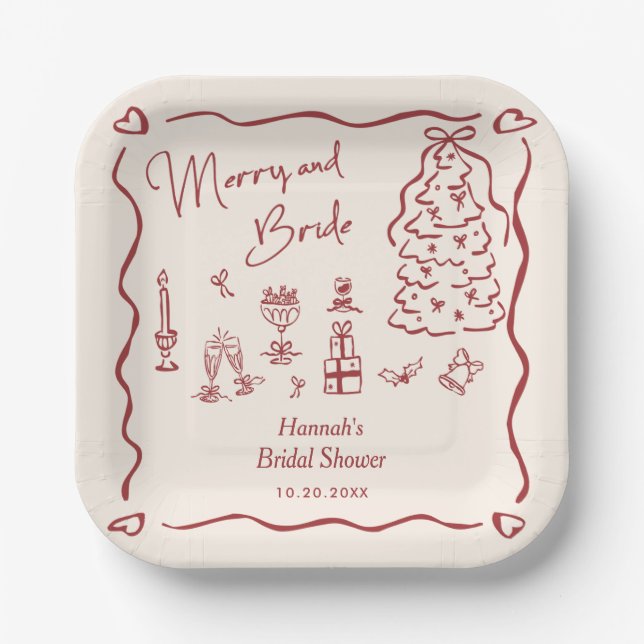 Merry and Bride Whimsical Holiday Bridal Shower Paper Plates (Front)