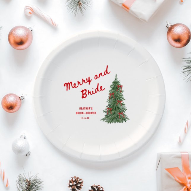 Merry and Bride Whimsical Holiday Bridal Shower Paper Plates (Creator Uploaded)