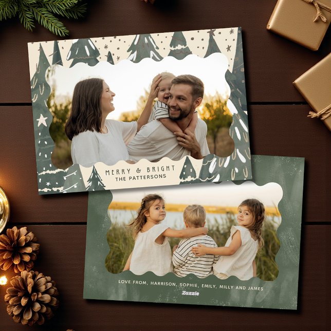 Merry And Bright 2 Photo Family Christmas Trees Holiday Card (Creator Uploaded)