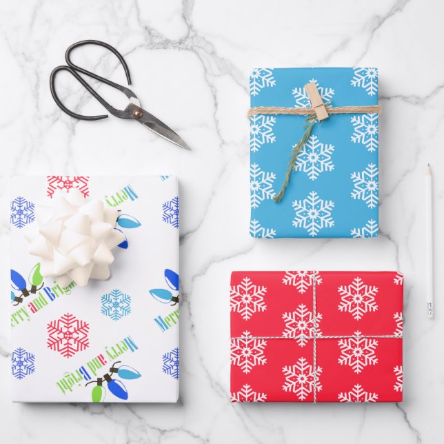 Merry and Bright 2 Snowflake Christmas  Wrapping Paper Sheets (Front)