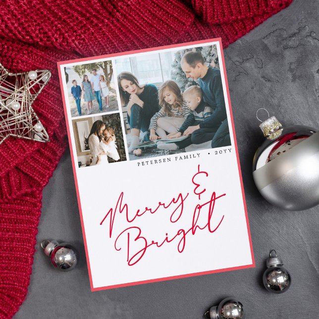 Merry and Bright 3 family photo modern red holiday Letterpress Photo Cards (Creator Uploaded)