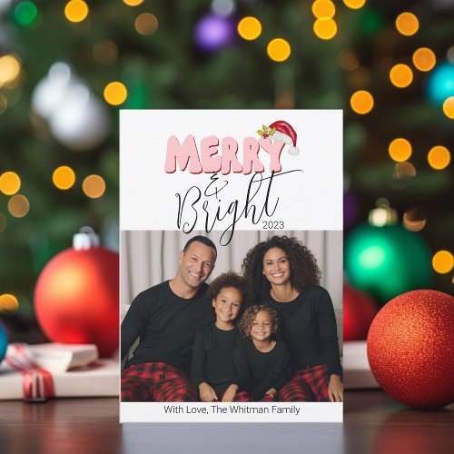Merry and Bright 3 Family Photo Retro Christmas Holiday Card