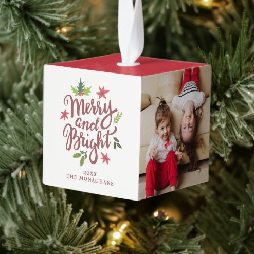 What Christmas looks like in 2026 - Pink Dramatic personalized gifts for you Merry and Bright 3 Photo Christmas Ornament – populair kerstcadeau en kerstdecoratie 2026
