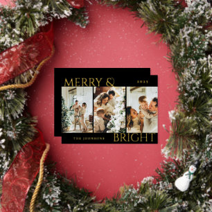 Merry and Bright 3 Photo Collage Minimal Black Foil Holiday Card