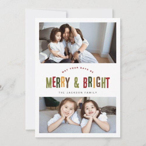 Merry and Bright 3 Photos Colorful Fun Christmas Holiday Card