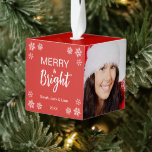 Merry and Bright 3 Photos Snowflakes Red Christmas Cube Ornament<br><div class="desc">A cubic Christmas ornament for a family, with 3 placeholder photos on the the sides and text on the fourth side. The text is white on red background. The text Merry & Bright is bigger in the center, with the word Bright written in script. The names and the year are...</div>