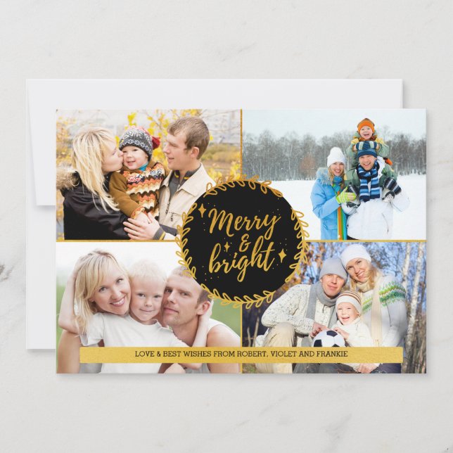 Merry and Bright 4 Photo Collage Black and Gold Holiday Card (Front)