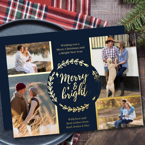 Merry and Bright 4 Photo Collage Blue and Gold Foil Holiday Card